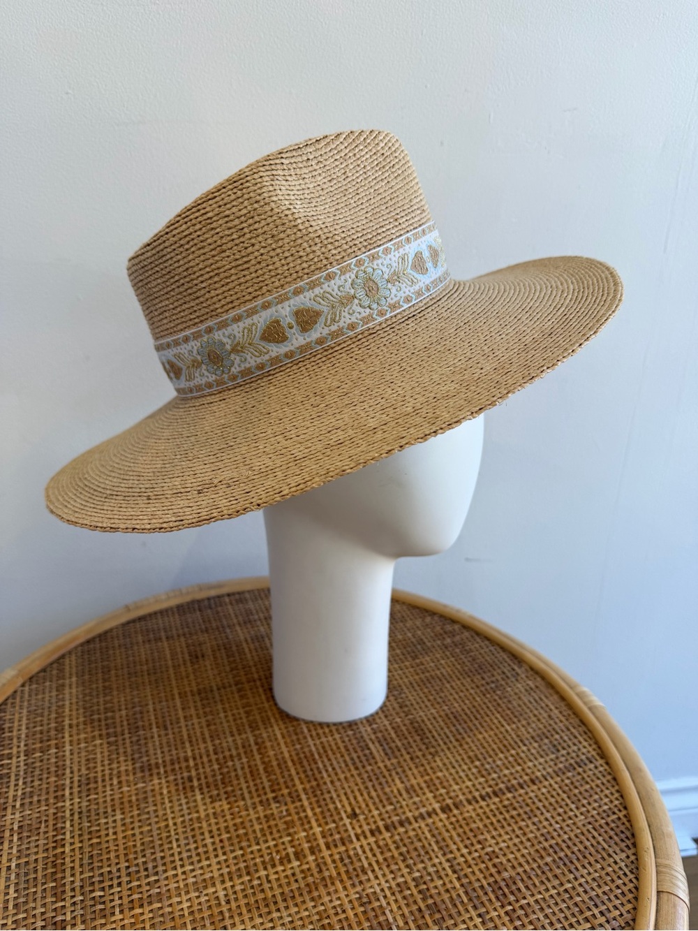 Lack Of Color Wide-Brim Straw Hat with Embroidered Band - Natural Tan